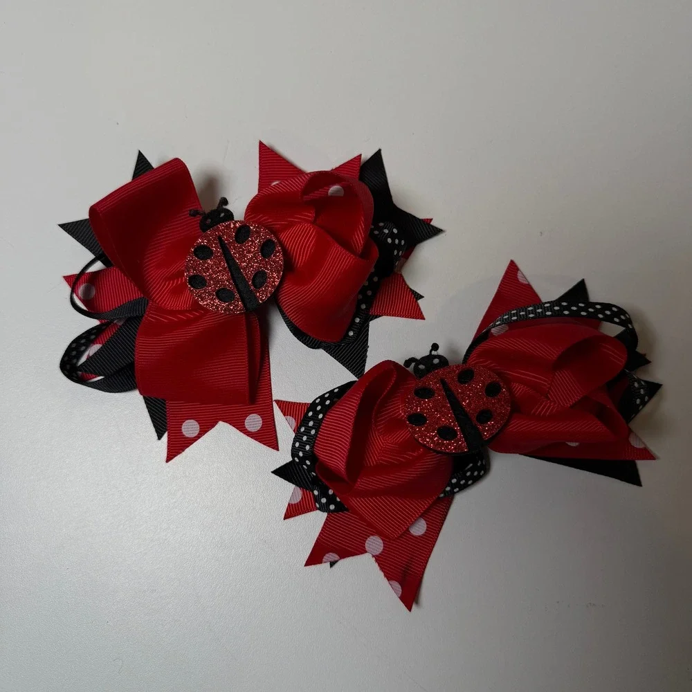 2pc Kids Ladybug‎ Hair Bows Red Black Polka Dot Glitter Accent Clips